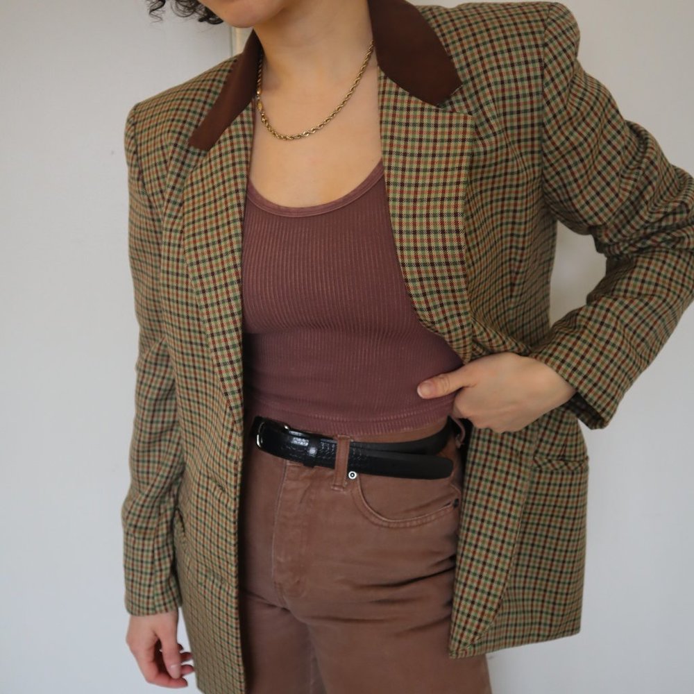 Vintage Brown & Green Plaid Checked Blazer Medium